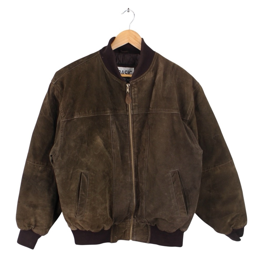 Vintage Basic Editions Brown Leather Bomber Jacket Quilted Lined Zip Mens Medium